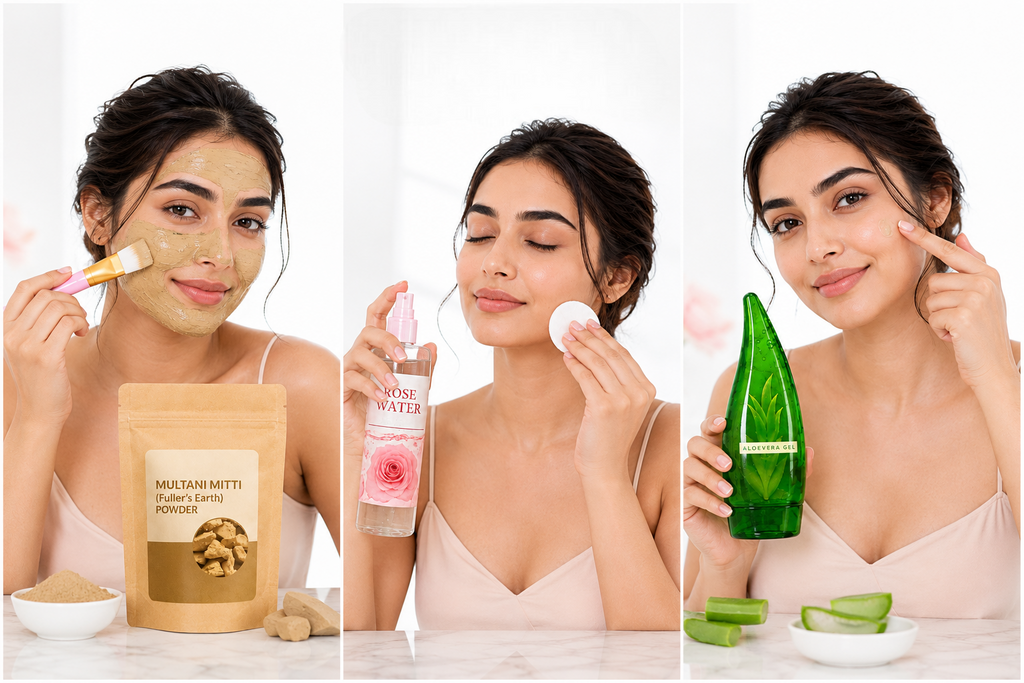 Face Care Kit – Multani Mitti, Rose Water, Aloe Vera Gel & Face Brush | Pack of 4