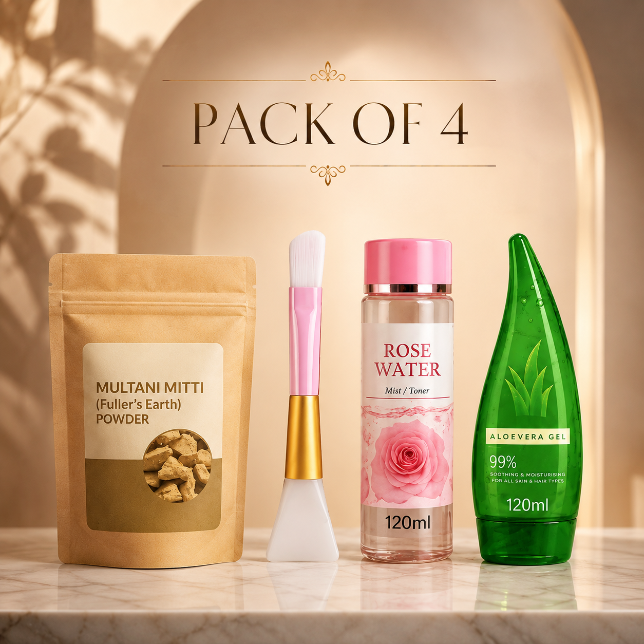Face Care Kit – Multani Mitti, Rose Water, Aloe Vera Gel & Face Brush | Pack of 4
