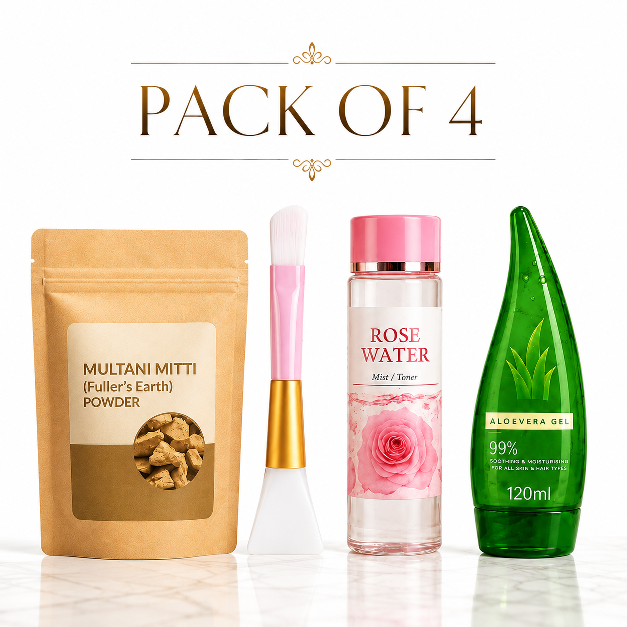 Face Care Kit – Multani Mitti, Rose Water, Aloe Vera Gel & Face Brush | Pack of 4