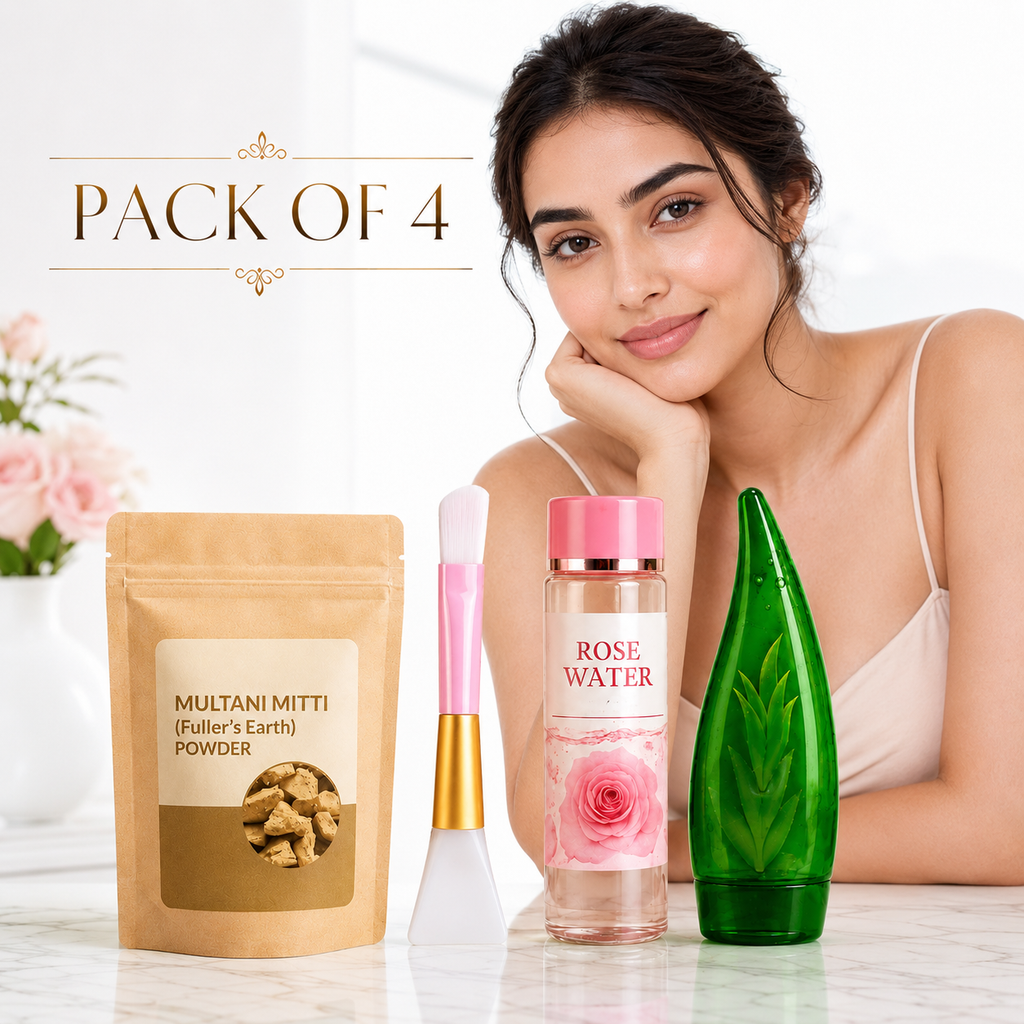 Face Care Kit – Multani Mitti, Rose Water, Aloe Vera Gel & Face Brush | Pack of 4